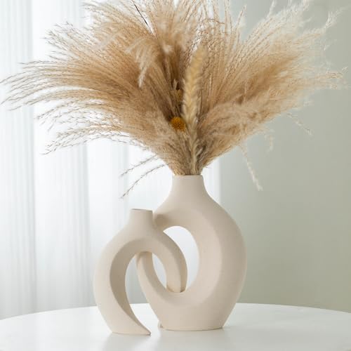 Liotww Ceramic Vases for Home Decor Set of 2, Off White Boho Small Flower Vase, Minimalist Decorative Modern Donut Vase for Living Dining Room Office Entryway Book Shelf Coffee Console Table Décor - Image 1