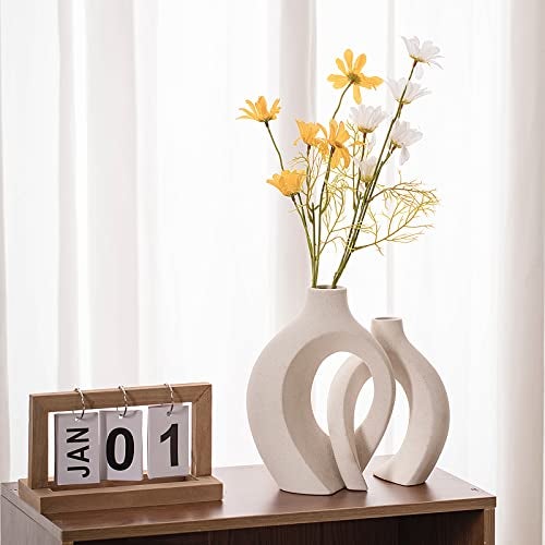 Liotww Ceramic Vases for Home Decor Set of 2, Off White Boho Small Flower Vase, Minimalist Decorative Modern Donut Vase for Living Dining Room Office Entryway Book Shelf Coffee Console Table Décor - Image 4