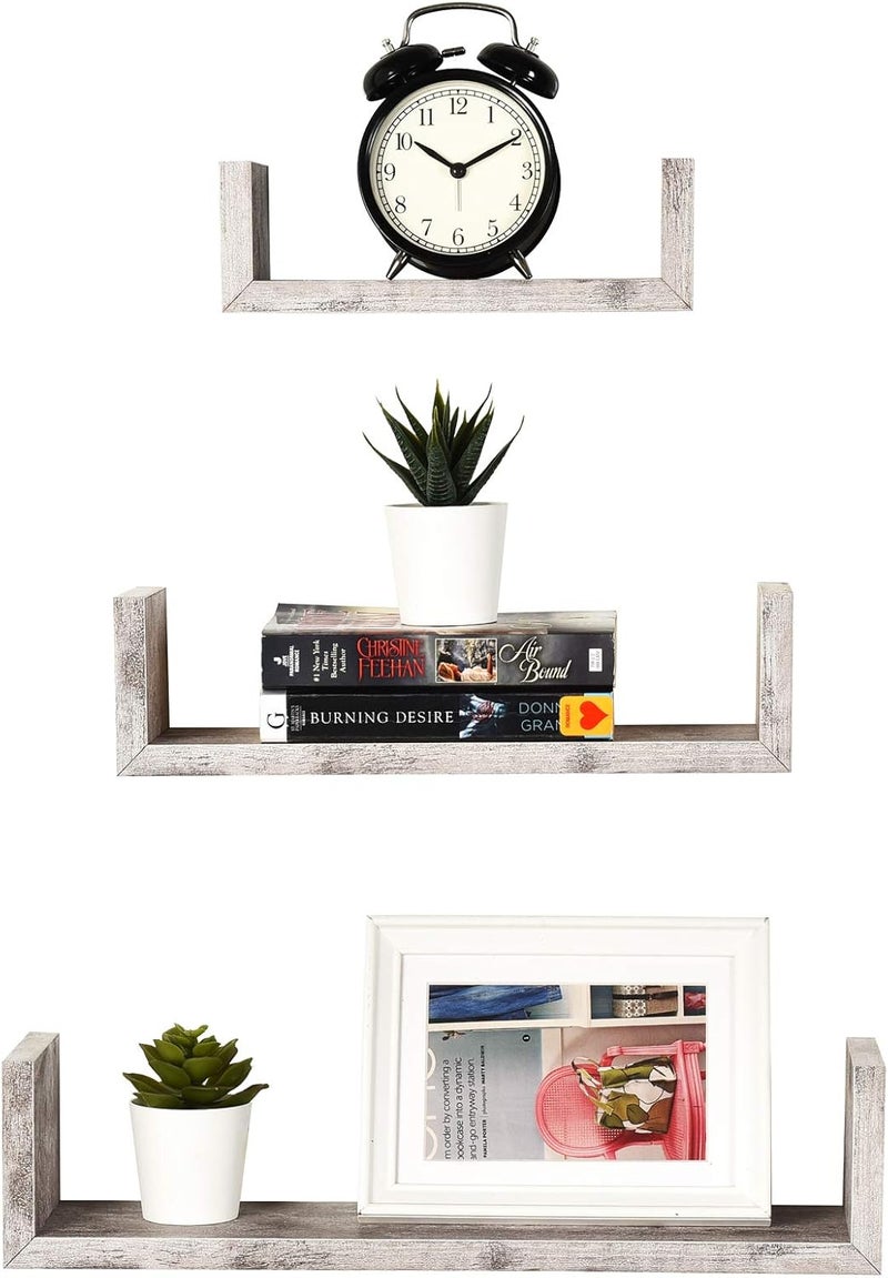 Greenco Set of 3 Floating “U” Shelves, Easy-to-Assemble Floating Wall Mount Shelves for Bedrooms and Living Rooms, Rustic White Finish - Image 1