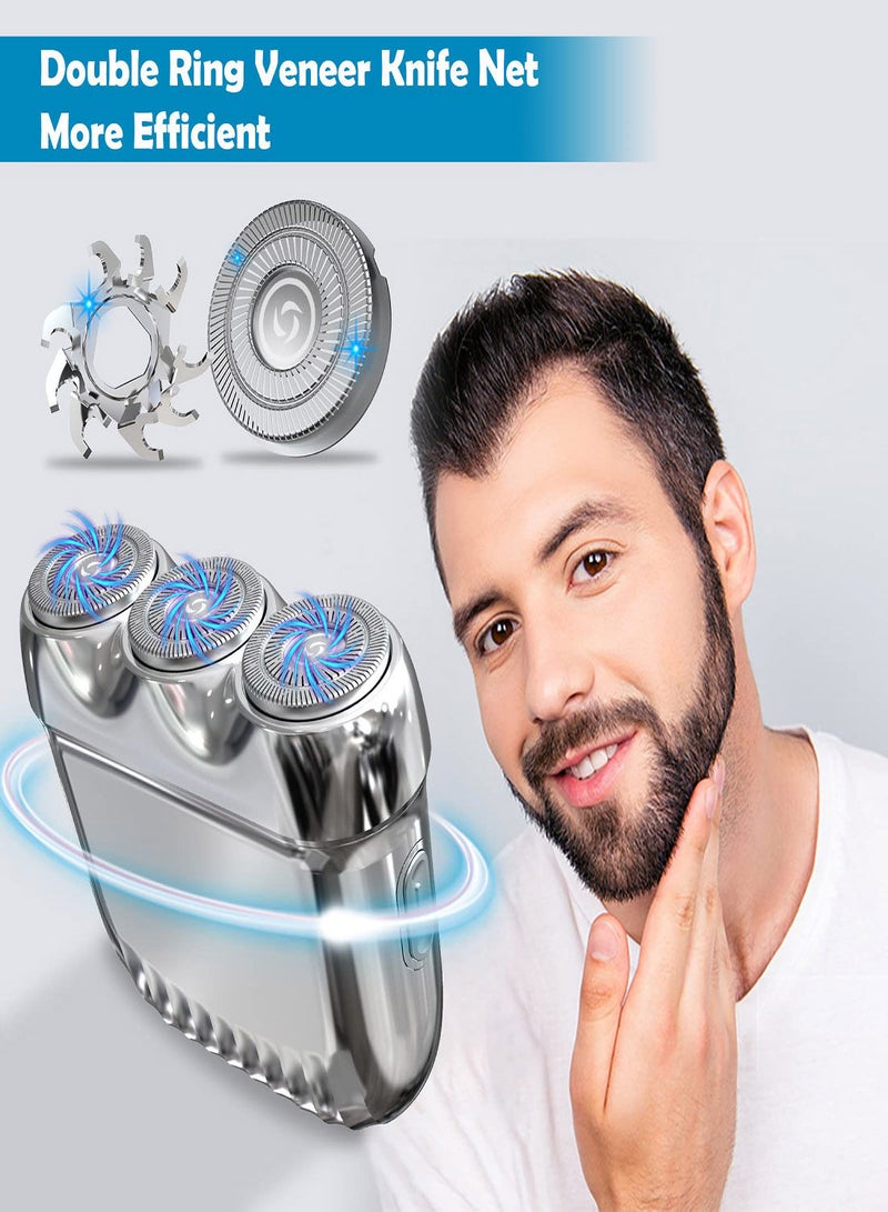 SYOSI ماكينة حلاقة كهربائية صغيرة للرجال، ماكينة حلاقة محمولة للسفر، ماكينة حلاقة كهربائية صغيرة بحجم الجيب بمنفذ USB من النوع C مع 3 رؤوس حلاقة دوارة، ماكينة حلاقة لاسلكية تعمل بالبطارية للرجال لحلاقة اللحية - Image 3