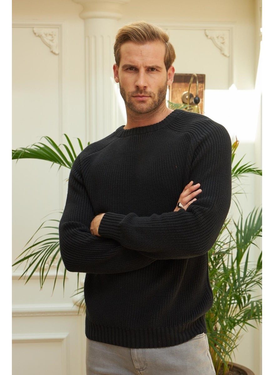 Odelon - Men's Crew Neck Thessaloniki Knitted Cotton Knitwear Sweater Black - Image 1