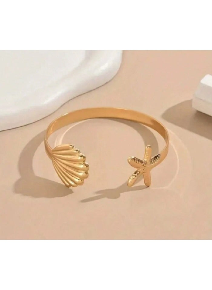 Shein 1pc Starfish & Shell Metal Adjustable Bangle Bracelet + 1pc Ring Set, Vintage Beach - Image 3