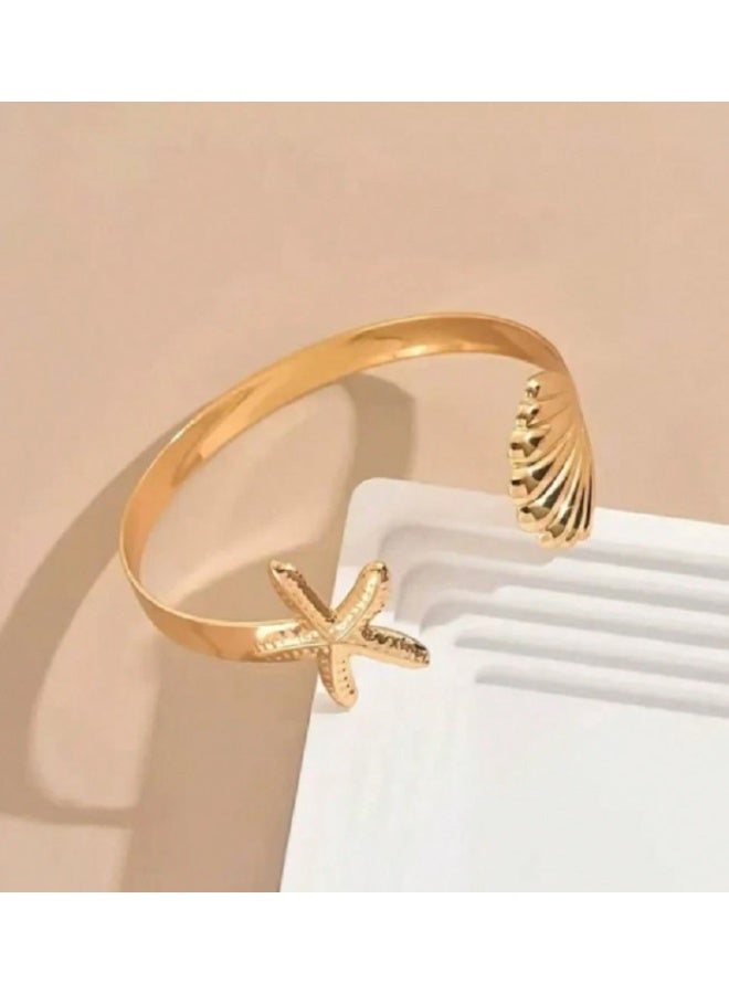 Shein 1pc Starfish & Shell Metal Adjustable Bangle Bracelet + 1pc Ring Set, Vintage Beach - Image 4
