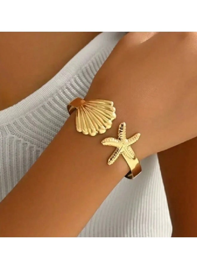 Shein 1pc Starfish & Shell Metal Adjustable Bangle Bracelet + 1pc Ring Set, Vintage Beach - Image 5