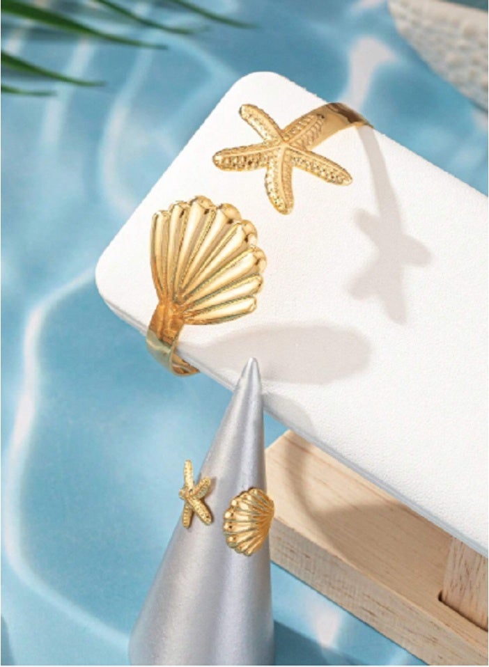 Shein 1pc Starfish & Shell Metal Adjustable Bangle Bracelet + 1pc Ring Set, Vintage Beach - Image 1