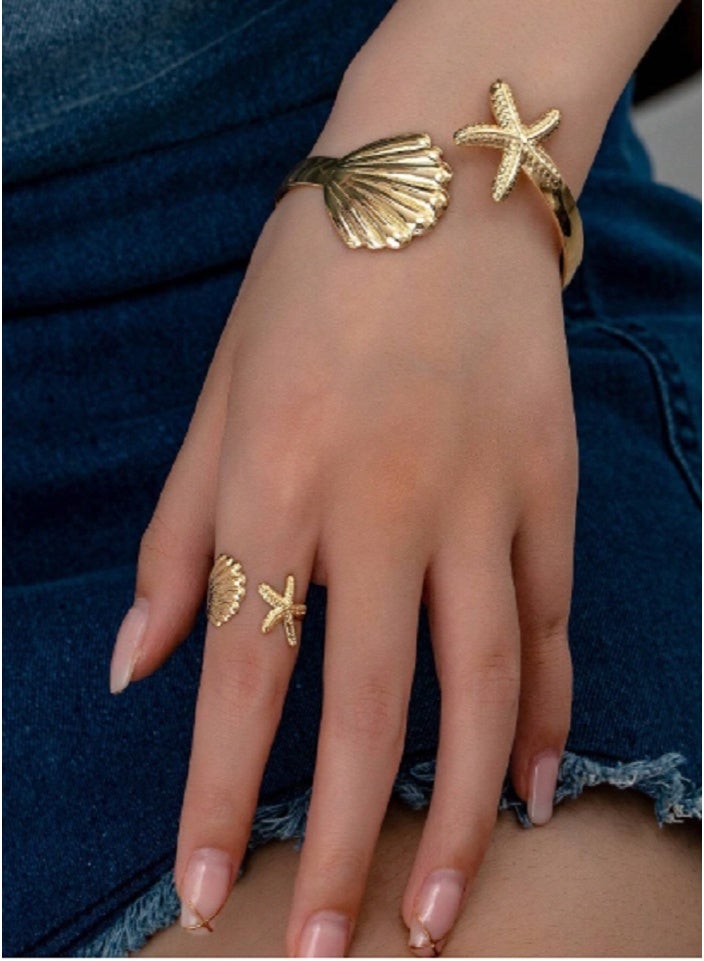 Shein 1pc Starfish & Shell Metal Adjustable Bangle Bracelet + 1pc Ring Set, Vintage Beach - Image 2