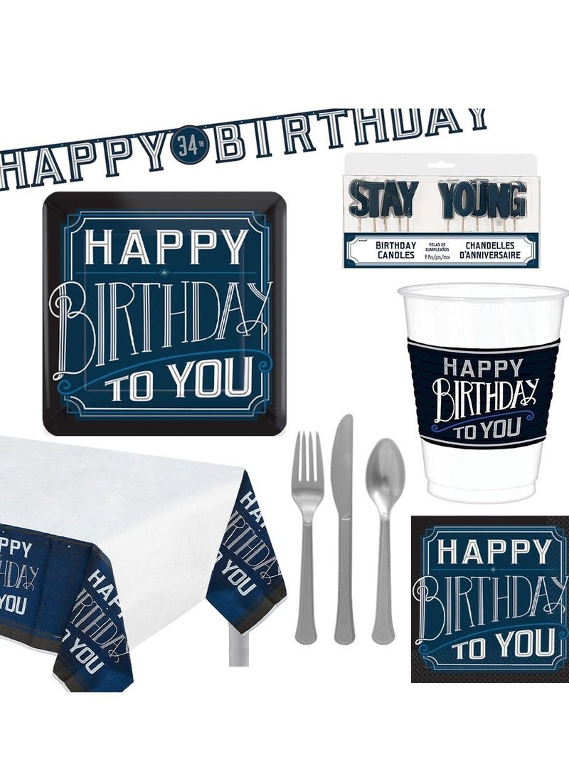 Amscan Happy Birthday Man Premium Tableware Party Supplies, Includes Plates, Cups, Cutlery, Napkins,Tablecover, Candle and Banner for 8 Guests - Image 1