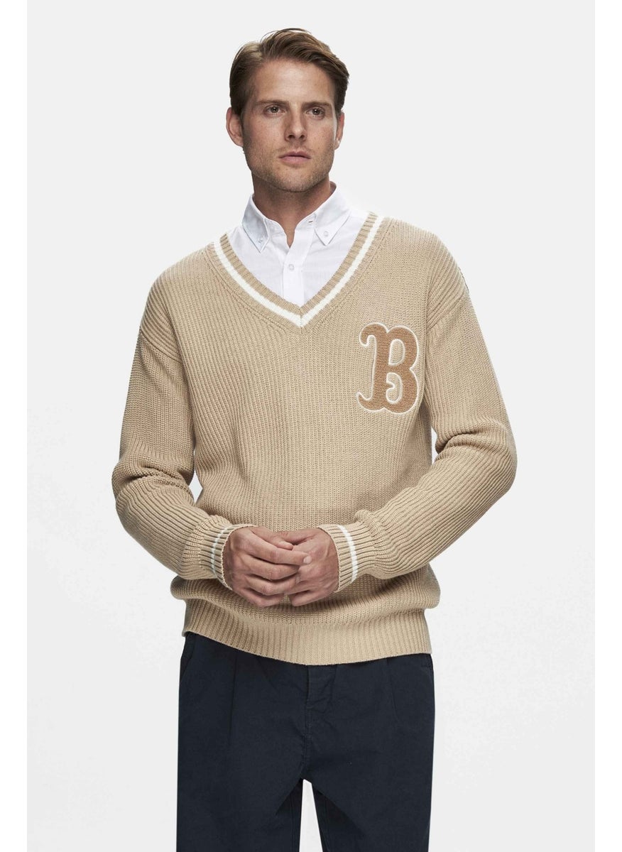 UCLA Heyoka Dark Beige Embroidered Crew Neck Loose Fit Men's Sweater  - Image 1