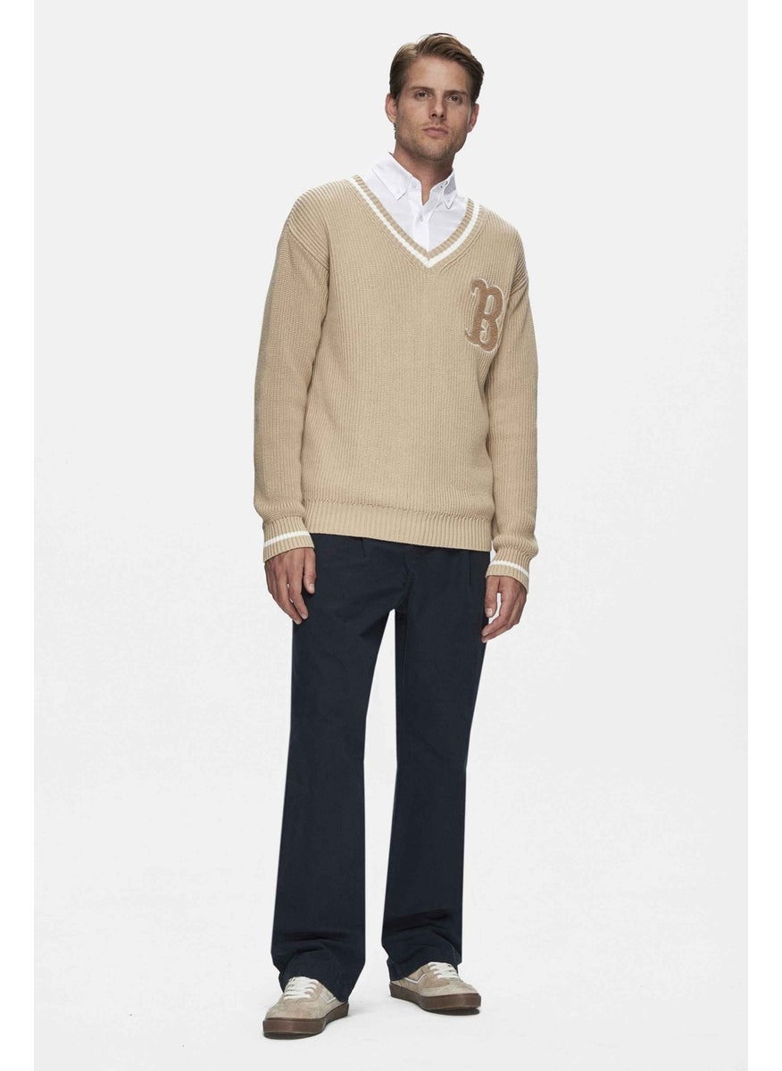 UCLA Heyoka Dark Beige Embroidered Crew Neck Loose Fit Men's Sweater  - Image 4