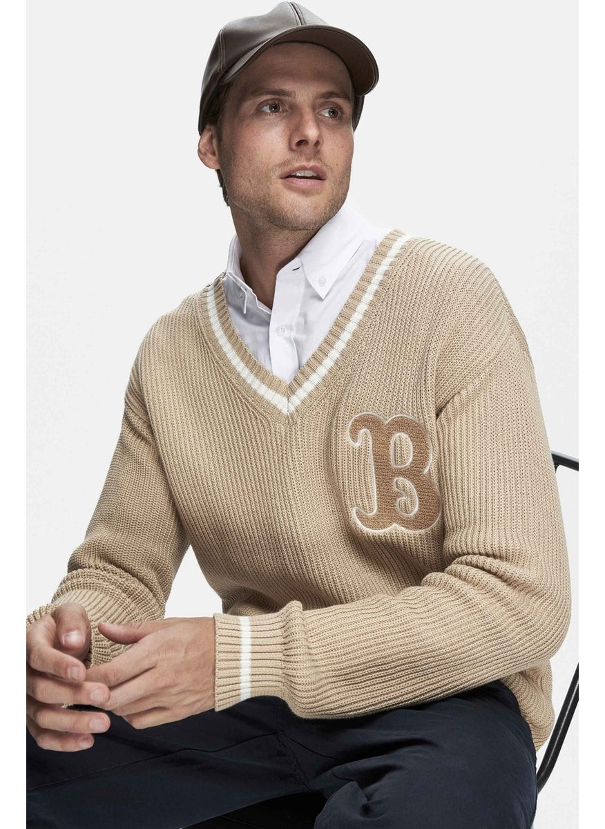 UCLA Heyoka Dark Beige Embroidered Crew Neck Loose Fit Men's Sweater  - Image 2
