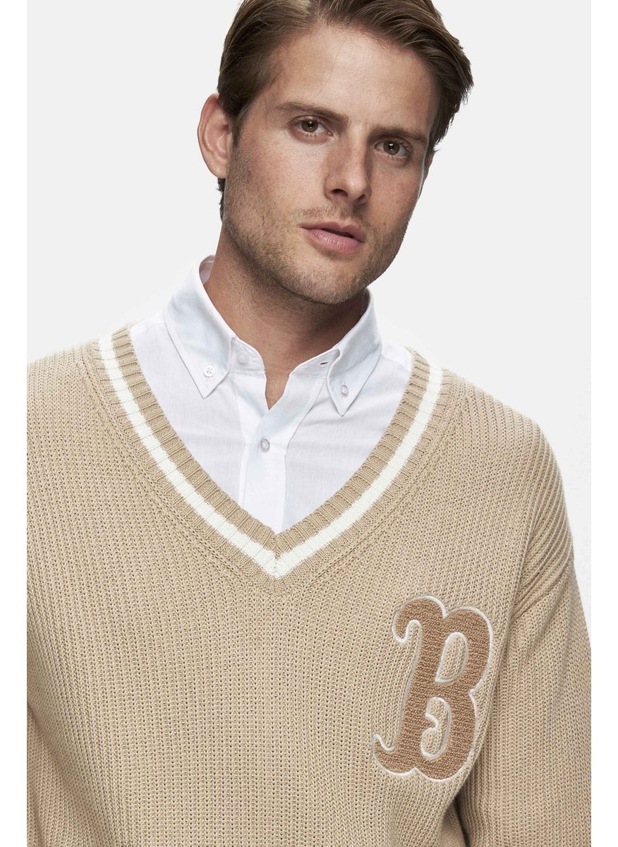 UCLA Heyoka Dark Beige Embroidered Crew Neck Loose Fit Men's Sweater  - Image 3