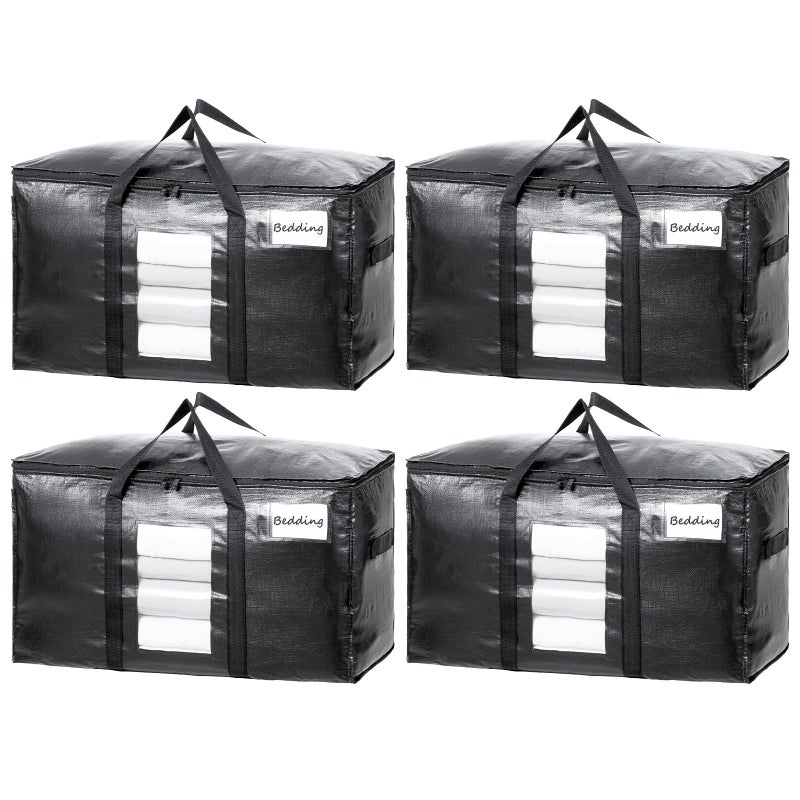TAILI Extra Large Moving Bags 4 Pack Black Heavy Duty Totes For Storage with Visible Window Wrap Around Handles Storage Bags for Space Saving Alternative to Moving Boxes