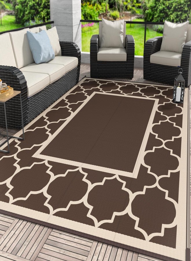 GENIMO 6' x 9' Outdoor Rug Waterproof for Patio Decor, Foldable Reversible Plastic Straw Area Rugs Mat for Camper, Outside Carpet for Rv, Deck, Porch, Picnic, Beach, Balcony, Coffee & Beige - Image 1