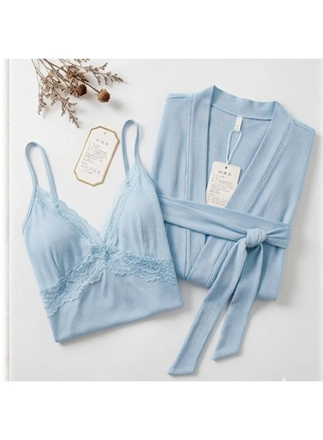 Caprisious  Lace-Trimmed Ribbed Lounge Set – 2-Piece Robe & Nightgown Set for Women | Best Price UAE