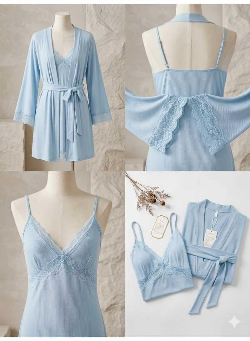 Caprisious  Lace-Trimmed Ribbed Lounge Set – 2-Piece Robe & Nightgown Set for Women | Best Price UAE