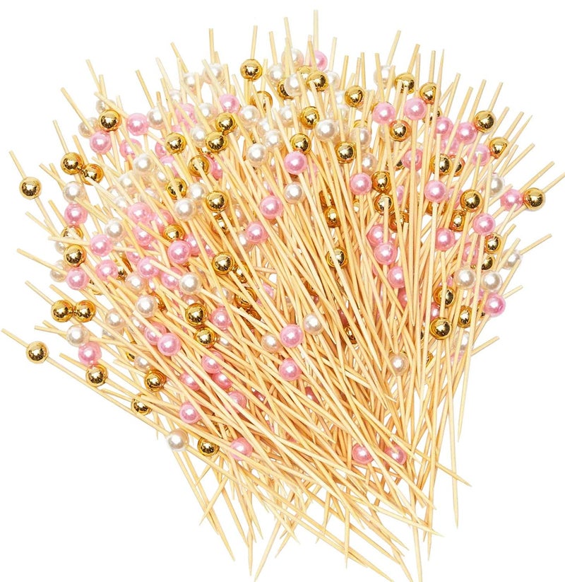 300 Pieces Bamboo Cocktail Picks BetterJonny 3 Colors Wooden Toothpicks pearl Fruit Sticks for Wedding Birthday Party Supplies