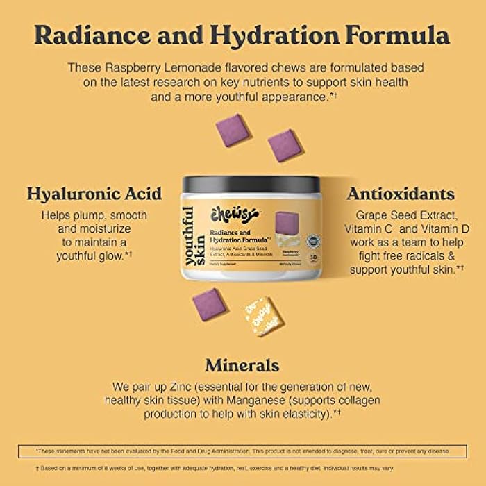 Chewsy Youthful Skin, Fruity Chews Vitamins, Radiance & Hydration Formula, Hyaluronic Acid, Grape Seed Extract, Antioxidants & Minerals, Vitamins Raspberry Lemonade Flavor 30-Day Supply - Image 3