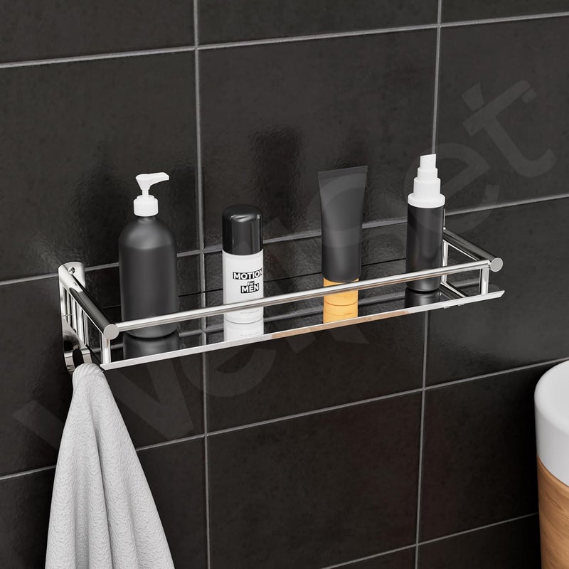 Well Set رف حمام من الفولاذ المقاوم للصدأ | رف حائط طبقة واحدة لترتيب الشامبو والزجاجات واللوازم الشخصية | منظم تخزين متعدد الاستخدامات مقاوم للصدأ مع حامل منشفة (تشطيب مرآة، فضي، صغير) - Image 1