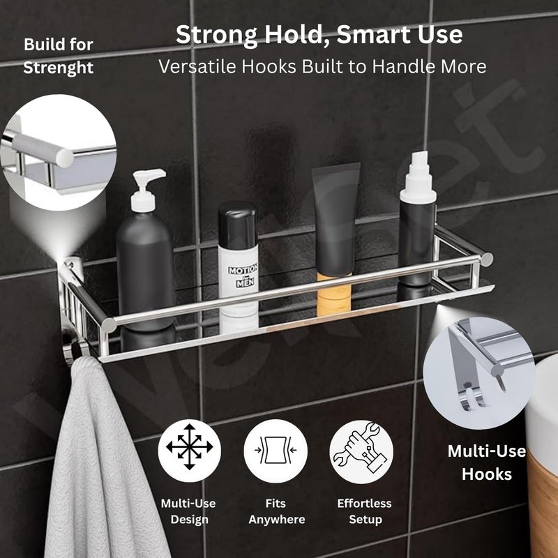 Well Set رف حمام من الفولاذ المقاوم للصدأ | رف حائط طبقة واحدة لترتيب الشامبو والزجاجات واللوازم الشخصية | منظم تخزين متعدد الاستخدامات مقاوم للصدأ مع حامل منشفة (تشطيب مرآة، فضي، صغير) - Image 3