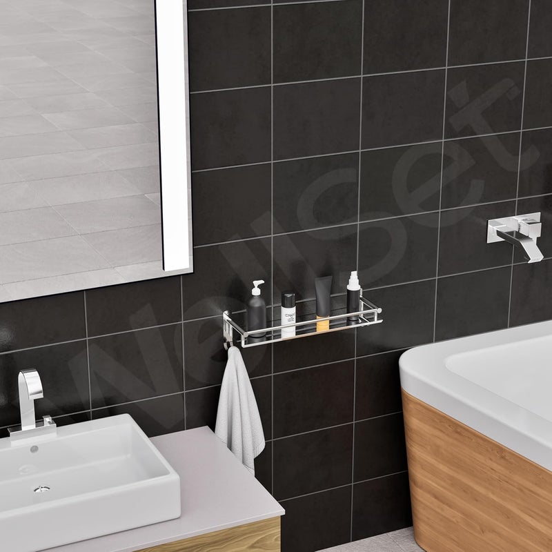 Well Set رف حمام من الفولاذ المقاوم للصدأ | رف حائط طبقة واحدة لترتيب الشامبو والزجاجات واللوازم الشخصية | منظم تخزين متعدد الاستخدامات مقاوم للصدأ مع حامل منشفة (تشطيب مرآة، فضي، صغير) - Image 5