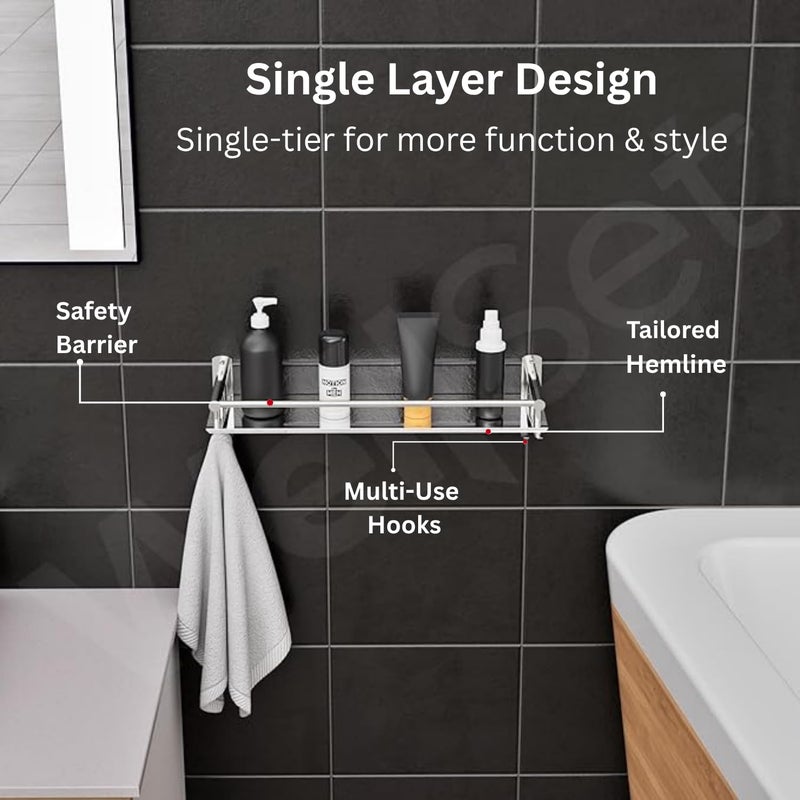 Well Set رف حمام من الفولاذ المقاوم للصدأ | رف حائط طبقة واحدة لترتيب الشامبو والزجاجات واللوازم الشخصية | منظم تخزين متعدد الاستخدامات مقاوم للصدأ مع حامل منشفة (تشطيب مرآة، فضي، صغير) - Image 2