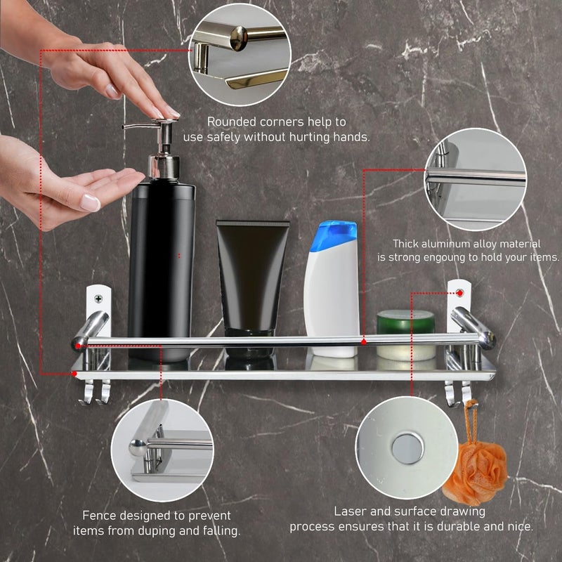 Well Set رف حمام من الفولاذ المقاوم للصدأ | رف حائط طبقة واحدة لترتيب الشامبو والزجاجات واللوازم الشخصية | منظم تخزين متعدد الاستخدامات مقاوم للصدأ مع حامل منشفة (تشطيب مرآة، فضي، صغير) - Image 4