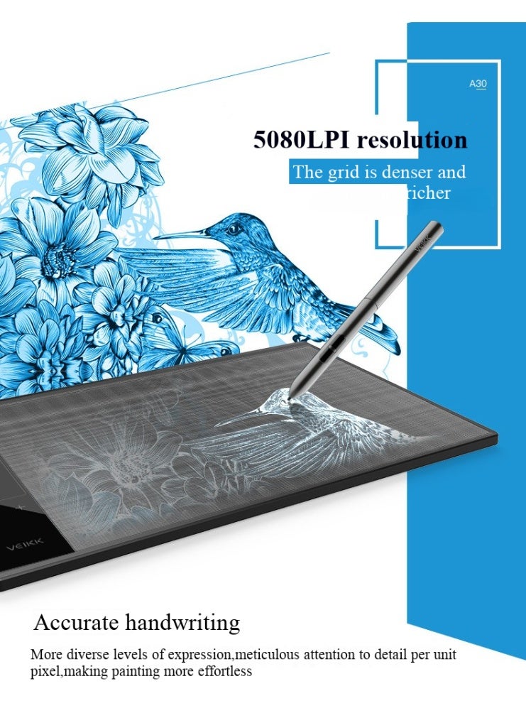 Veikk لوحة رسم جرافيك A30 بحجم 10 × 6 بوصة منطقة نشطة كبيرة تحكم باللمس بإيماءات ذكية 8192 مستوى ضغط لوحة جرافيك فنية مع قلم بدون بطارية 8 رؤوس أقلام متوافقة مع ويندوز ماك أو إس أندرويد للرسم والتصميم والتعليم عبر الإنترنت - Image 4