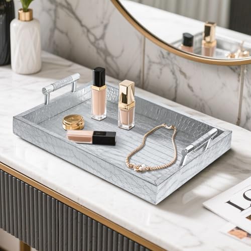 SXNOWS Faux Leather Rectangle Serving Tray with Handles, Large Decorative Tray for Ottoman Coffee Table Decor Living Room, Kitchen, Bathroom, 16x12inches (Silver) - Image 5