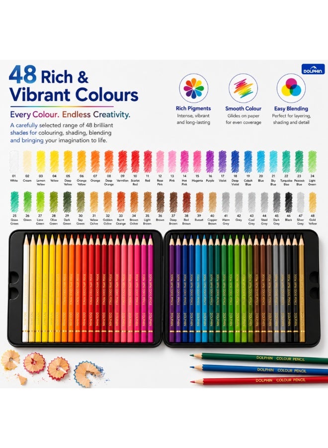 Dolphin Artistic Colour Pencils Set, 48 Rich Colours, Smooth & Blendable Lead, Tin Box Pack - Image 4
