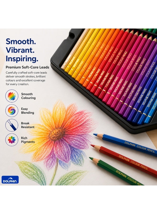 Dolphin Artistic Colour Pencils Set, 48 Rich Colours, Smooth & Blendable Lead, Tin Box Pack - Image 3