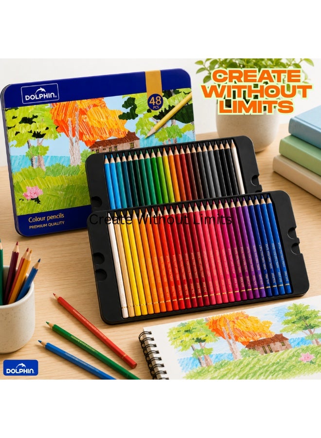Dolphin Artistic Colour Pencils Set, 48 Rich Colours, Smooth & Blendable Lead, Tin Box Pack - Image 2