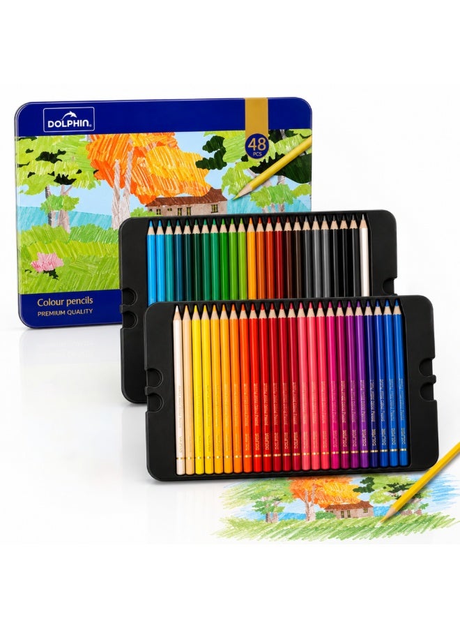 Dolphin Artistic Colour Pencils Set, 48 Rich Colours, Smooth & Blendable Lead, Tin Box Pack - Image 1