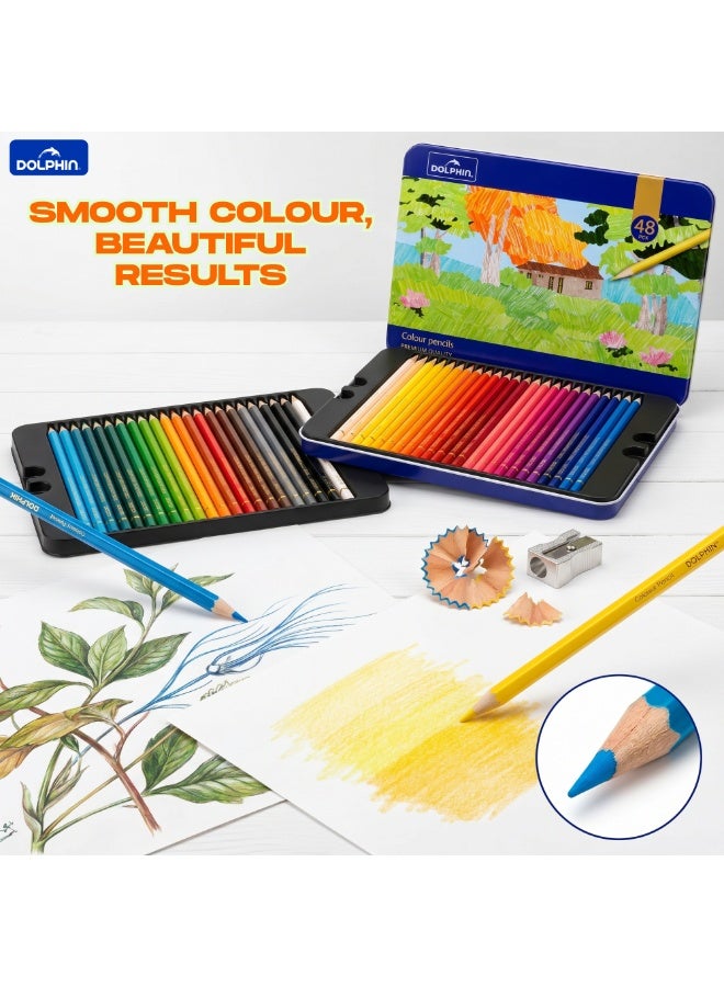 Dolphin Artistic Colour Pencils Set, 48 Rich Colours, Smooth & Blendable Lead, Tin Box Pack - Image 5