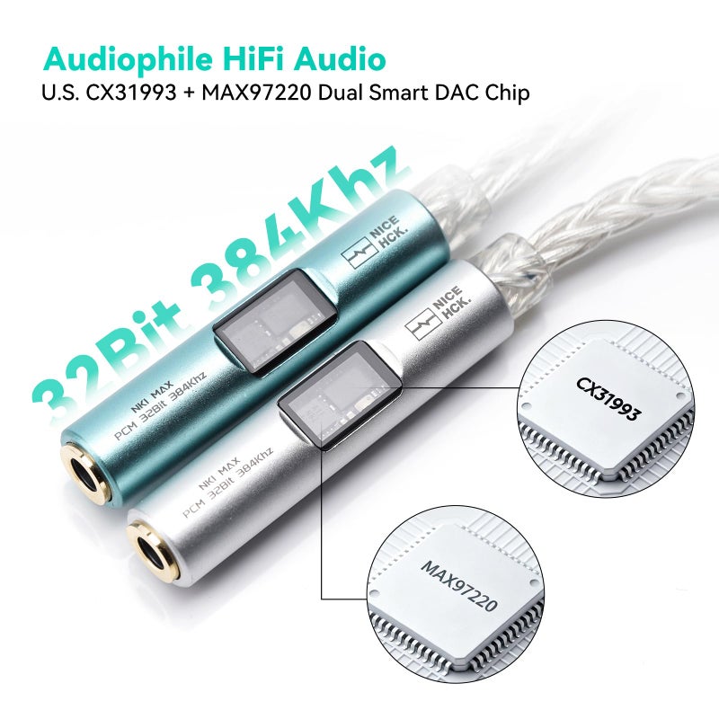 NICEHCK NK1 MAX USB C to 3.5mm DAC Adapter, CX31993 MAX97220 Portable DAC Amp Dongle, Type-C to Aux Headphone Jack with Silver-Plated OCC Cable, Compatible with iPhone 16, Android, Mac, PC (Silver) - Image 2