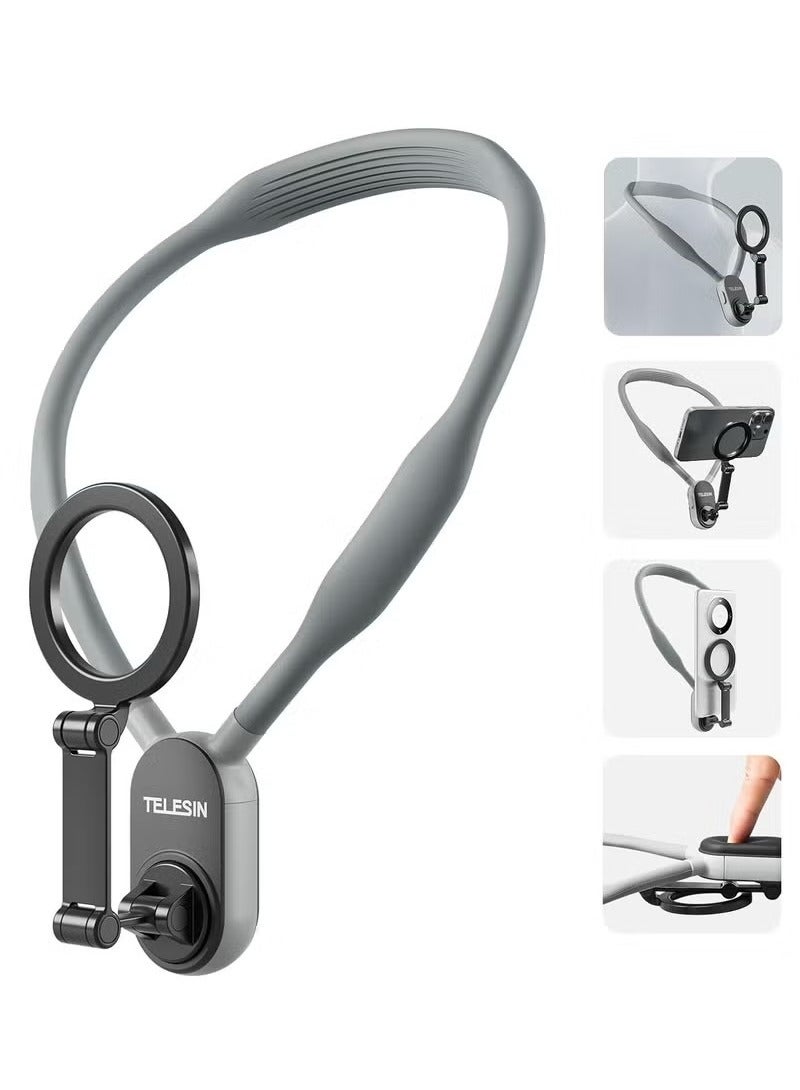 TELESIN Magnetic Neck Mount for Phones, Cell Phone Holder Stand Hanging on Neck POV/Vlog Selfie Hand Free Necklace Phone Strap Video Recording for iPhone 15 14 13 12 Series Android Phones (Grey)  - Image 1