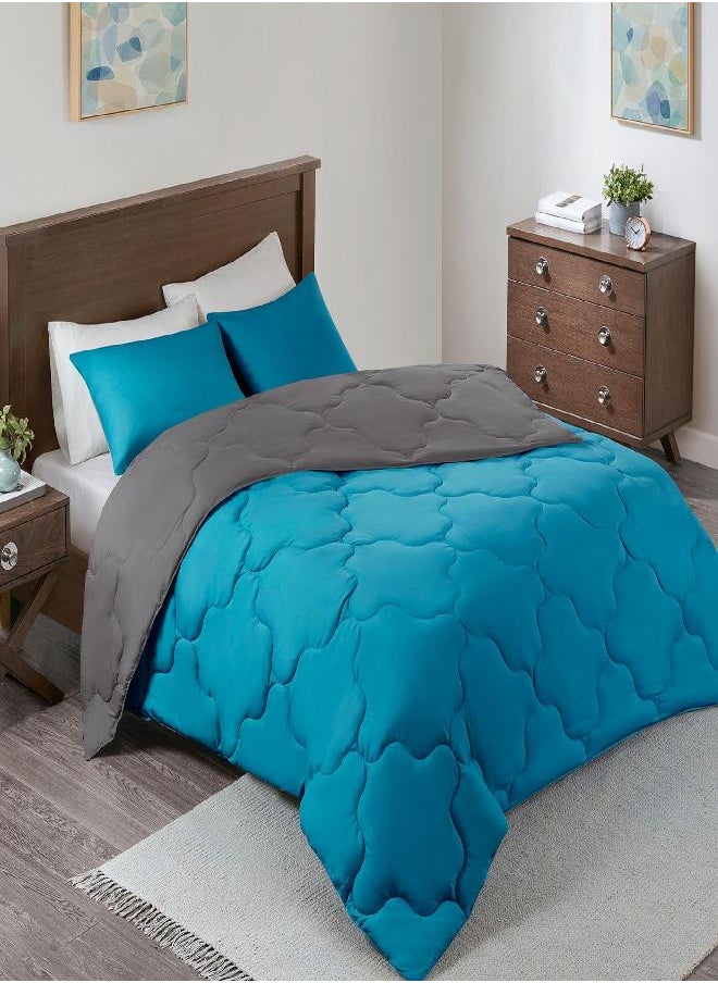 Comfort Spaces Comfort Spaces Vixie Reversible Comforter Set - Trendy Casual Geometric Quilted Cover, All Season Down Alternative Cozy Bedding, Matching Sham, Teal/Charcoal, Twin/Twin XL 2 piece  - Image 2