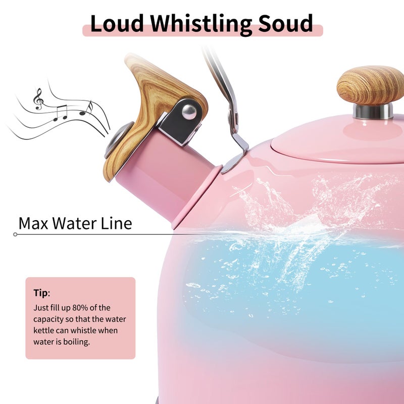 LONFFERY Tea Kettle, 2.5 Quart Whistling Tea Kettle, Tea Pots for Stove Top Food Grade Stainless Steel with Wood Pattern Folding Handle - Pink - Image 3