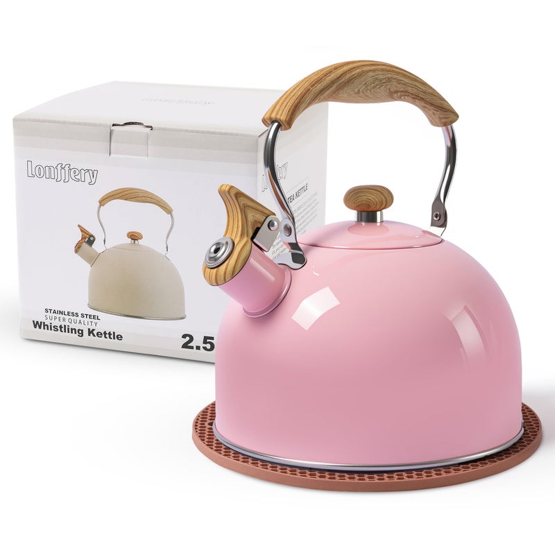 LONFFERY Tea Kettle, 2.5 Quart Whistling Tea Kettle, Tea Pots for Stove Top Food Grade Stainless Steel with Wood Pattern Folding Handle - Pink - Image 1
