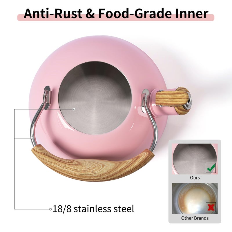 LONFFERY Tea Kettle, 2.5 Quart Whistling Tea Kettle, Tea Pots for Stove Top Food Grade Stainless Steel with Wood Pattern Folding Handle - Pink - Image 2