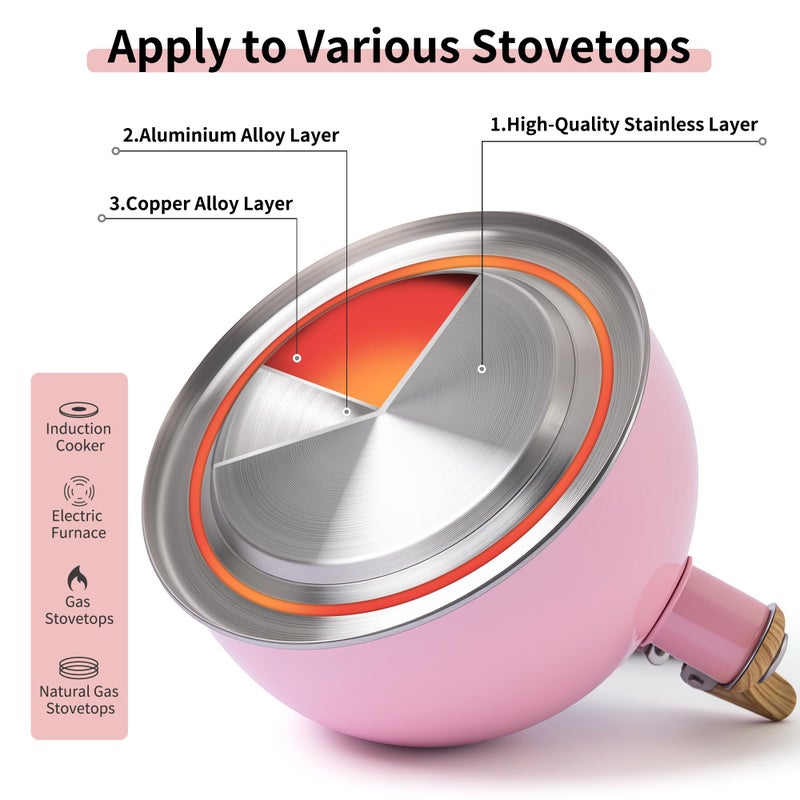 LONFFERY Tea Kettle, 2.5 Quart Whistling Tea Kettle, Tea Pots for Stove Top Food Grade Stainless Steel with Wood Pattern Folding Handle - Pink - Image 5