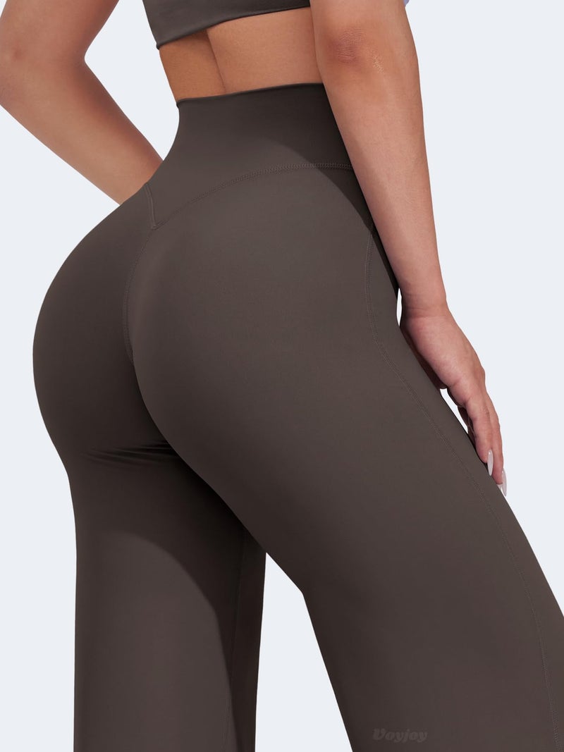 VOYJOY Straight Leggings Bottoms Wide Leg Pants for Women 29"/ 31.5"/33"/35" High Waist Stretch Casual Sweatpants Dark Brown - Image 3