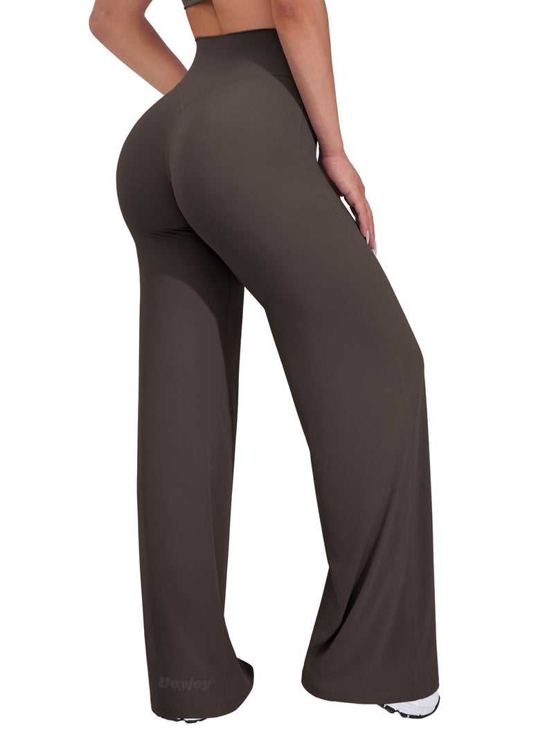 VOYJOY Straight Leggings Bottoms Wide Leg Pants for Women 29"/ 31.5"/33"/35" High Waist Stretch Casual Sweatpants Dark Brown - Image 1