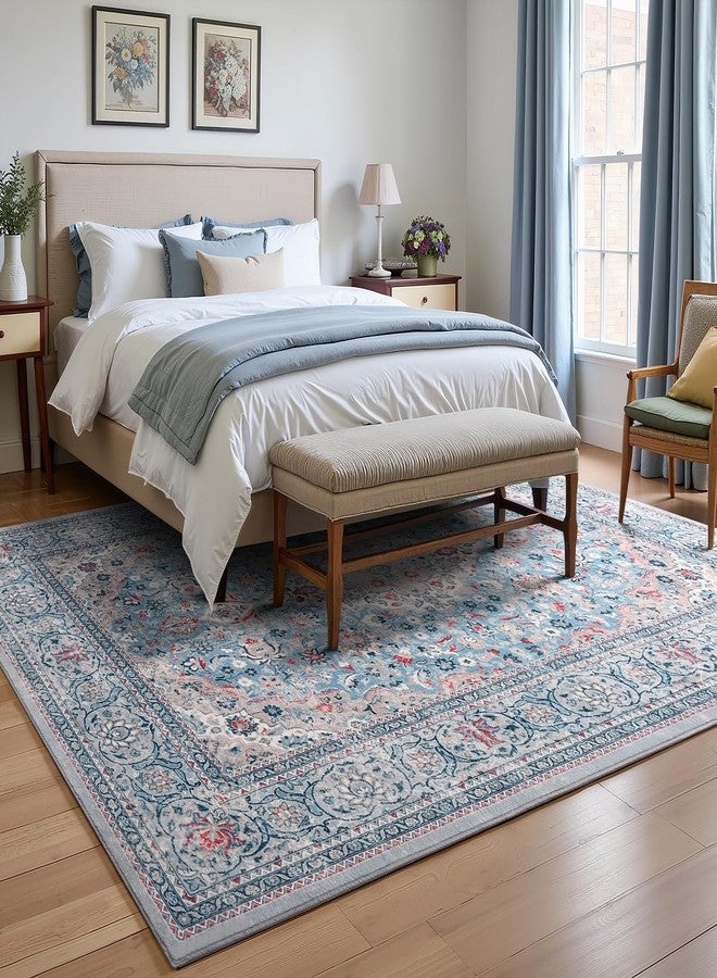 Flagover 5x7 Blue Washable Boho Area Rug for Bedroom, Vintage Floral Non Slip Living Room Rugs, Soft Low Pile Indoor Mat, Aesthetic Pattern Carpet for Kitchen and Dining Room - Image 2