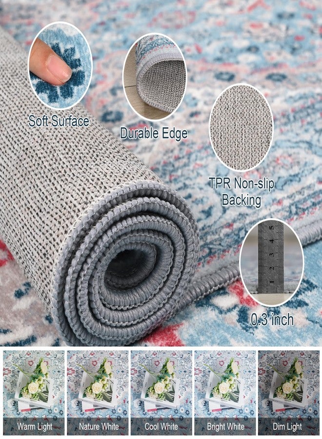 Flagover 5x7 Blue Washable Boho Area Rug for Bedroom, Vintage Floral Non Slip Living Room Rugs, Soft Low Pile Indoor Mat, Aesthetic Pattern Carpet for Kitchen and Dining Room - Image 4