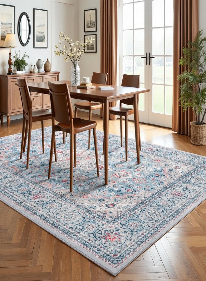 Flagover 5x7 Blue Washable Boho Area Rug for Bedroom, Vintage Floral Non Slip Living Room Rugs, Soft Low Pile Indoor Mat, Aesthetic Pattern Carpet for Kitchen and Dining Room - Image 3