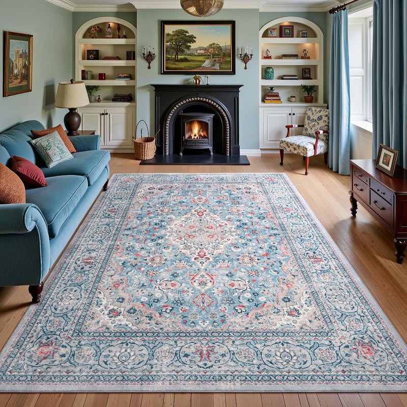 Flagover 5x7 Blue Washable Boho Area Rug for Bedroom, Vintage Floral Non Slip Living Room Rugs, Soft Low Pile Indoor Mat, Aesthetic Pattern Carpet for Kitchen and Dining Room - Image 1