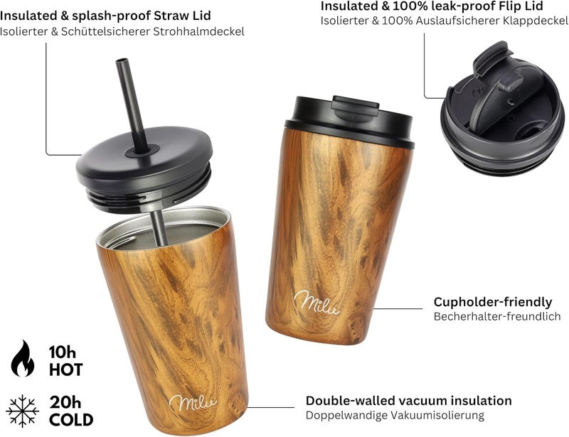 Milu Thermal Mug, 500 ml, 100% Leak-Proof, Stainless Steel Coffee Mug to Go, Insulated with Straw, Keeps Hot for 10 Hours/Cold for 20 Hours, BPA-Free (Wood Look, 500 ml) - Image 4
