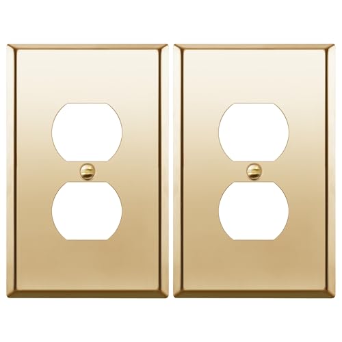 LIDER Duplex Receptacle Metal Wall Plate Outlet Cover Corrosion Resistant MidSize 1Gang 488 x 311 LMWP21MPB2P UL Listed Stainless Steel Polished Brass 2Pack - Image 1