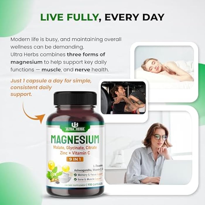ULTRA HERBS Tripple Magnesium Complex, with Magnesium Malate, Glycinate, Citrate - High Absorption Magnesium Supplement for Sleep Quality, Nerve & Muscle Relaxation | 150 Capsules - Image 2