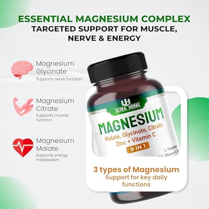 ULTRA HERBS Tripple Magnesium Complex, with Magnesium Malate, Glycinate, Citrate - High Absorption Magnesium Supplement for Sleep Quality, Nerve & Muscle Relaxation | 150 Capsules - Image 5